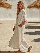 abordables Robe Simple-Femmes Robe maxi Robe Décontractée Robe d'été Basique Classique Quotidien Vacances Coupe Ample Uni Demi Manches Col en V Kaki Jaune Rose Claire Châtaigne Foncé Été Printemps
