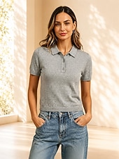 cheap Plain Blouses-Women's Shirt T Shirt Polo Shirts Tee Top Solid Color Vintage Stylish Classic Short Sleeve Shirt Collar Regular Tops Casual Black Army Green Gray Summer Spring
