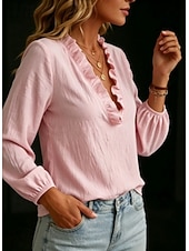  Mujer Camisa Color sólido Plano Elegante Bohemia Vacaciones Manga Larga Escote en Pico Tops regulares Casual Azul Piscina Blanco Rosa Caqui Verano Primavera