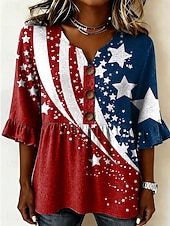  Jour de l'Indépendance Américaine Femmes Chemise Graphique USA Drapeau Américain ancien Élégant manche longue Col en V Hauts Longs Occasionnel Quotidien Fête Bleu Blanche Rouge Rouge / Bleu Ét