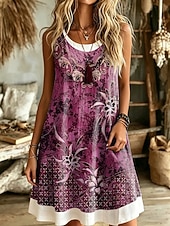 preiswerte Kunst &amp; Design Kleid-Damen Knielanges Kleid Sommerkleid A Linie Kleid Urlaub Lässig Boho Lässiger Schnitt Ombre Blumen Grafik Ärmellos U-Ausschnitt Blau Rosa Purpur Sommer Frühling
