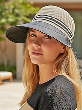 baratos Acessórios de férias-Chapéu de sol feminino de aba larga em tela respirável, dobrável, com proteção UPF e alça ajustável para viagens e férias ao ar livre. Ideal para praia e atividades ao ar livre. &amp;atividades de verão
