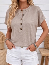 preiswerte Einfarbiges T-Shirt-Damen Sommeroberteile Vintage Mode Lässig Kurzarm Rundhalsausschnitt Normale Oberteile Lässig Täglich Khaki Schwarz Rosa Marineblau Braun Sommer Frühling