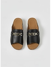 abordables Sandalias deslizantes-Sandalias metalizadas doradas para mujer: sandalias cómodas de punta abierta con detalle de cadena para uso casual y de verano.