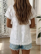  Femmes Chemisier Hauts en dentelle Dentelle Broderie Fleuri Élégant Moderne Manche Courte Col ras du cou Hauts Longs Quotidien Fête Été Blanche Été Printemps