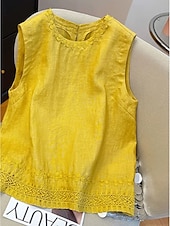 baratos Tanque Simples-Mulheres Camisa Social Blusa Franzido Bordado Vintage Sem Manga Gola Redonda Tops regulares Azul Branco Amarelo Azul Marinha Verão Primavera