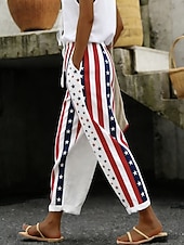  女性用 スラックス カジュアルパンツ 旅行度假风 カジュアル 足首丈 ナチュラルウエストPantsアメリカ独立記念日 グラフィック フラッグ アメリカの国旗 ドローストリング パッチワーク ポケット 快適 履き心地よい 伸縮性なし 日常 ストリート お出かけ ブルー ルビーレッド レッドとブルー 夏 春 ルーズフィット