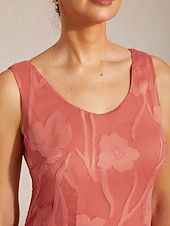  Damen Maxikleid Chiffonkleid Elegant Blumen Ärmellos U-Ausschnitt Koralle Rot
