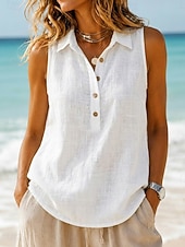 abordables Chemises-Femmes Gilet en coton et lin Texture Boutons ancien Sans manches Revers Hauts Réguliers Blanche Jaune Vert Été Printemps