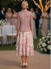 voordelige Jurkensets voor mama-Tweedelig A-lijn Tot de enkel Bruiloft gast jurk Ruimvallend Moeder van de bruid jurk 3/4 mouw Ronde hals Elegant Eenvoudig Casual Formeel Bruiloft gast Feestdagen Chiffon Wrap inbegrepen met