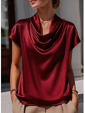 cheap Plain Blouses-Women's Lace Shirt Satin Top Draped Solid Color Plain Elegant Fashion Stylish Sleeveless Crew Neck Regular Tops Casual Beach Black White Wine Brown Summer