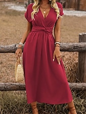 economico Vestito bianco-Per donna Abito Midi Abito a trapezio Abito Estivo Casual Quotidiano Vestibilità regolare Semplice Manica Corta Scollo a V Nero Rosso Marrone chiaro Verde scuro Estate Primavera