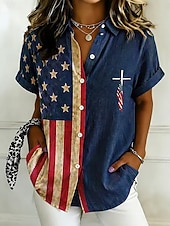  Jour de l'Indépendance Américaine Femmes Chemise Graphique Drapeau Drapeau Américain ancien Élégant Occasionnel Manche Courte Col de chemise Hauts Réguliers Occasionnel Quotidien Bleu Bleu de minuit