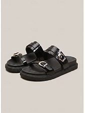 economico Infradito scivolosi-sandali con fibbia neri da donna - design alla moda con doppio cinturino, plantare comodo per l'uso quotidiano e stile casual rilassato