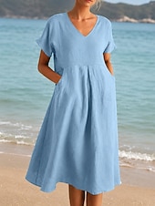 abordables Vestido blanco-Mujer Vestido hasta la Rodilla Vestido de verano Vestido informal Vacaciones Casual Boho Playa Fiesta Cita Holgado Plano Manga Corta Escote en Pico Azul Piscina Negro Rosa Verde Trébol Verano