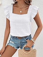 cheap Plain Blouses-Women's Blouse Solid Color Vintage Stylish Casual Short Sleeve Square Neck Regular Tops Casual Daily Blue White Pink Red Purple Summer Spring