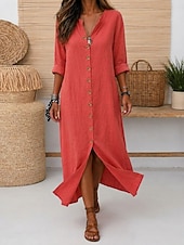 voordelige Jurken-Dames Maxi-jurk Linnen jurken Vintage Dagelijks Ruim Passend Heldere kleur Lange mouw V-hals Rood Zomer