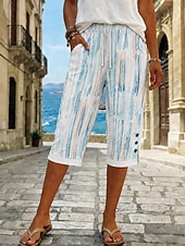  Women's Cotton Linen Shorts Capri Pants Leggings Cropped Pants Vacation Vintage coastal grandma style Calf-Length Mid Waist Floral Graphic Abstract Print Comfort Inelastic Daily Outdoor Vacation Blue
