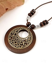 voordelige Dames ketting-Dames boho lange hangerketting - vintage hout &amp;Truienketting van legeringskralen met bladmotief &amp;Levensboom bedeltjes voor een zomervakantie aan het strand, of als casual kleding voor elke dag.
