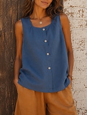 preiswerte Einfacher Tank-Damen Weste aus Baumwollleinen Knöpfe Einfarbig Vintage Ärmellos Normale Oberteile Lässig Blau Gelb Braun Sommer Frühling