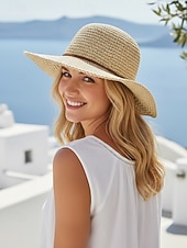 cheap Vacation Accessories-Women's Wide Brim Straw Sun Hat with Bowknot, Foldable Beach Hat for Summer Travel and Outdoor Vacation