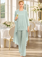 abordables Trajes de pantalón de mamá-Traje de pantalón Traje de 3 piezas Hasta el Suelo Vestido de Madrina Sin Mangas Barco de cuello Elegante Talla Grande Bolero incluido Invitado a la boda Gasa Vestidos de chaqueta con Un Color