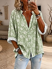 economico Bluse Floreali-Per donna Camicia Bottoni Stampato Floreale Grafico Vintage Quotidiano Elegante Manica Lunga Girocollo Top Regolari Casuale Quotidiano Blu Bianco Verde Estate Primavera