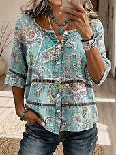 economico Bluse Floreali-Carnevale Per donna Camicia Top traforato Camicia Boho Camicia di Pizzo Elegante Bohemien Attivo Manica 3/4 Girocollo Top lunghi Casuale Blu Rosso Marrone Verde Estate Primavera