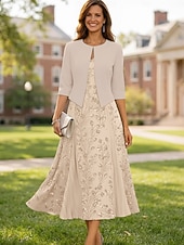 voordelige Jurkensets voor mama-Tweedelig A-lijn Over de knie Bruiloft gast jurk Moeder van de bruid jurk Korte mouw V-hals Elegant Eenvoudig Luxueus Formeel Bruiloft gast Chiffon Crêpe met Kant Kralen