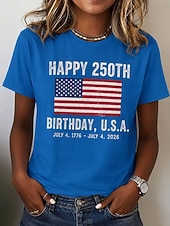  Dia da Independência Americana Mulheres Camiseta Imprimir Gráfico Bandeira Letra Vintage Moda à moda Manga Curta Gola Redonda Tops regulares Casual Diário Final de semana Azul Preto Vermelho Cinzento
