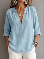 cheap Plain Blouses-Women's Shirt Blouse Solid Color Vacation Stylish 3/4 Length Sleeve V Neck Regular Tops Casual Daily Blue Black White Pink Summer Spring