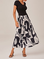 cheap Casual Dress-Women's Black and White Maxi Dress Knitted Patchwork Woven Geometric Abstract Print Elegant A Line Flowy Skirt Elastic Waist Casual Daily Wear