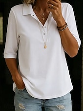 cheap Plain Blouses-Women's Blouse Buttons Solid Color Elegant Vacation Daily Half Sleeve Turndown Shirt Collar Long Tops Casual Daily Going out White Yellow Sky Blue Green Summer Spring