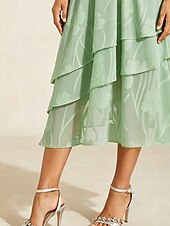  Damen Elegant Midi Mittlere Taille Röcke Blumen Spitze Rüsche Geschichtet Mikroelastisch Date Alltagstauglich Salbeigrün Frühling, Herbst, Winter, Sommer