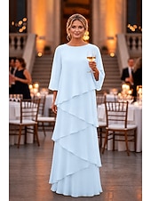 abordables Largo del piso-Funda Columna Hasta el Suelo Vestido Invitada Boda Vestido formal Vestido de noche Vestido de Madrina Manga 3/4 Cuello Barco Elegante Formal Gasa con Volantes