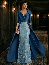 abordables Vestidos de gala-Corte A Hasta el Suelo Bordado con cuentas Vestido formal Vestido de madre de la novia Vestidos de noche Vestido de baile con sobrefalda Vestimenta formal Elegante Sedoso Manga 3/4 Cuello Camisero