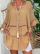 baratos Blusas Simples-Mulheres Blusa Renda Côr Sólida à moda Básico Casual Manga Longa Decote V Tops regulares Casual Diário Praia Branco Amarelo Vermelho Marron Verão Primavera Outono