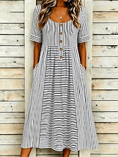 economico Abito a Strisce e Geometrico-Per donna Abito Midi Vestito Estivo Vestito Casual Abito a trapezio Abito Estivo Vacanza Casual Spiaggia Spiaggia Ferie Vestibilità regolare Grafico Geometrico A righe Manica Corta Scollo Tondo Blu