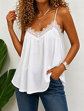 abordables Tops de Encaje-Camiseta sin mangas elegante para mujer con panel de encaje, textura patchwork, lisa, sin mangas, tirantes finos, estilo casual, verano, azul, negro, blanco, morado.