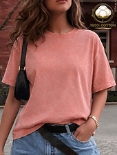 ieftine tricou simplu-Tricou softfade™ pentru femei, 100% bumbac, vintage, spălat, topuri, modă, stilat, clasic, mânecă scurtă, guler rotund, topuri lungi, casual, zilnic, plajă, roz, roșu, albastru, verde iarbă, negru, portocaliu, vară, primăvară