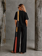 tanie Bluzki damskie garniturowe-Damskie Koszula Komplety lniane bawełniane Zestawy spodni Krótki rękaw W serek Kwiaty Graficzny Geometryczny Nadruk Urlop Moda Moda miejska Codzienny Na zewnątrz Plaża Czarny Wiosna i lato Luźna