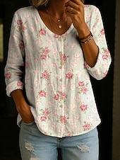 economico Bluse Floreali-Per donna Camicia Bottoni Stampato Floreale Grafico Vintage Quotidiano Elegante Manica Lunga Scollo a V Top Regolari Casuale Quotidiano Bianco Rosa Beige Estate Primavera