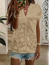  Femmes Chemisier Hauts en dentelle Dentelle Broderie Fleuri Élégant Moderne Manche Courte Col en V Hauts Réguliers Quotidien Plage Fête Bleu Kaki Noir Blanche Été Printemps