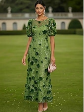 cheap Cocktail Dresses-Sheath Column Ankle Length Lace Dress Cocktail Dresses Elegant Vintage Floral Short Sleeve One Shoulder Garden Party Wedding Satin Tulle with 3D Flowers Bow(s)