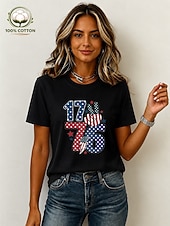  Amerikansk uavhengighetsdag Dame 100% قطن T skjorte Trykt mønster Grafisk Amerikansk flagg Årgang Stilfull Fritid Kortermet Crew-hals Vanlige topper Avslappet Daglig Helg Lys beige Svart Hvit Rosa
