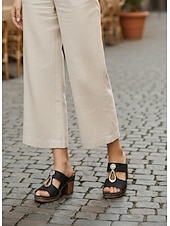 baratos Chinelos de slide-sandálias mule femininas de salto grosso – design com strass vazado, decoração com fivela retrô, sola confortável, para caminhadas ao ar livre, jardim e roupas casuais de verão