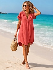 abordables Robes-Femmes Robe Longueur Genou Robes en lin ancien Quotidien Mince Uni Manche Courte Col en V Kaki Rouge Orange Été