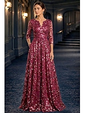 preiswerte Bodenlänge-A-Linie Kleid Bodenlang Partykleid Cocktailkleid Brautmutterkleid Langarm V Ausschnitt Elegant Vintage luxuriös Formell Hochzeitsgast Kentucky Derby Chiffon Tüll mit Paillette Stickerei Blume