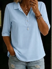 cheap Plain Blouses-Women's Blouse Buttons Solid Color Elegant Vacation Daily Half Sleeve Turndown Shirt Collar Long Tops Casual Daily Going out White Yellow Sky Blue Green Summer Spring