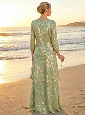 abordables Largo del piso-A-Line Floor Length Cocktail Dress Wedding Guest Dress Mother of the Bride Dress 3/4 Length Sleeve Crew Neck Elegant Formal Wedding Guest Semi Formal Foiled Jersey with Pleats Tier Cascading Ruffles